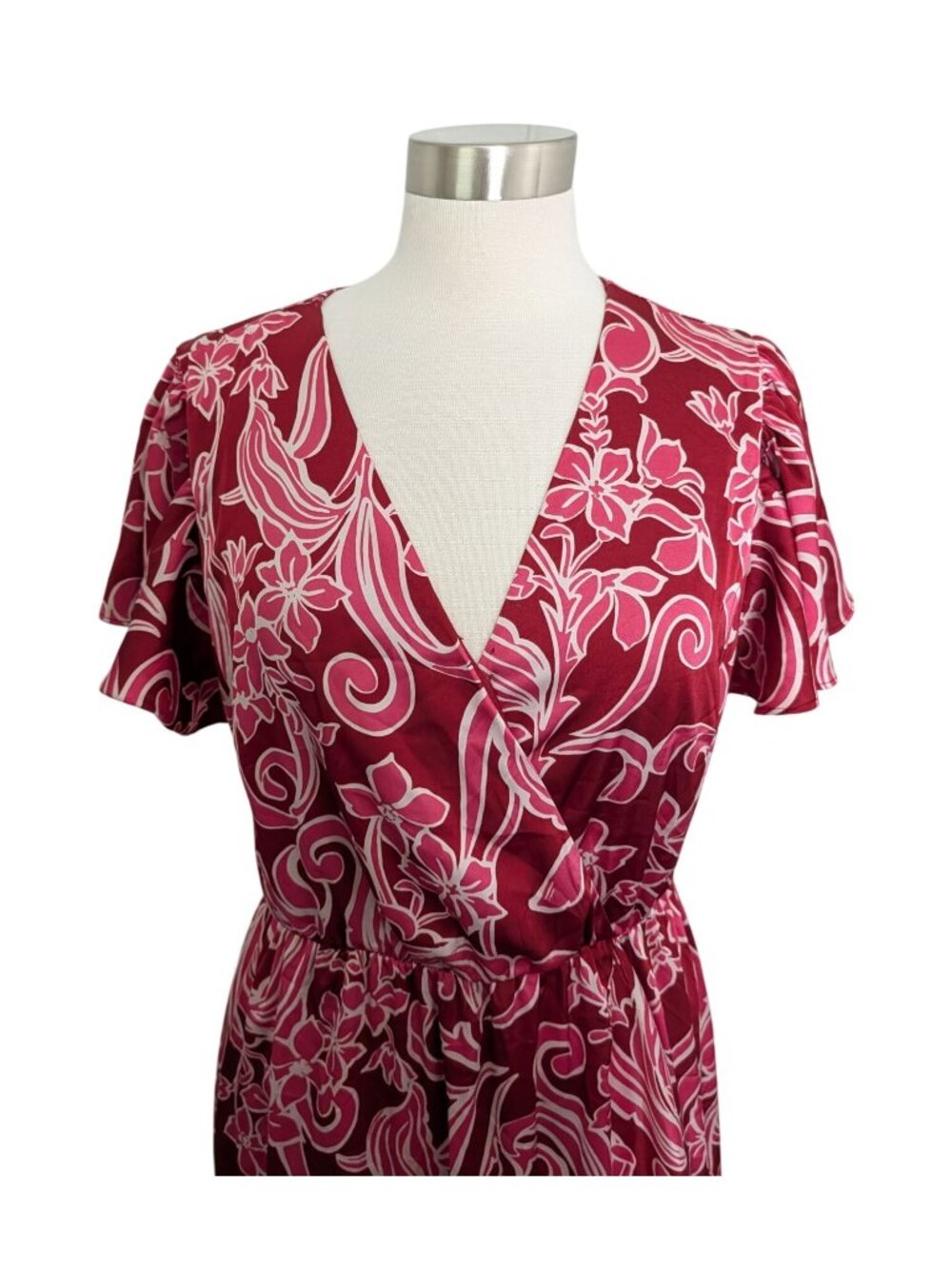 Nicole Miller New York Red Floral Wrap Midi Dress Size M Boho Cottage - Picture 7 of 16